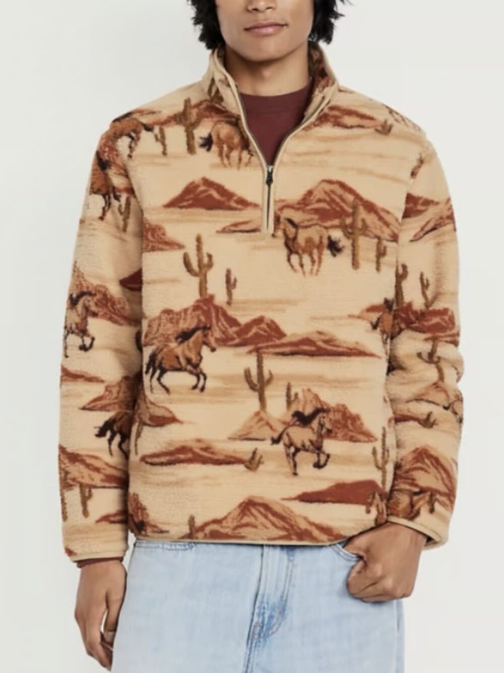 Old Navy Equestrian Horse Pattern Printed Sperpa Quarter Zip Pullover Sweater